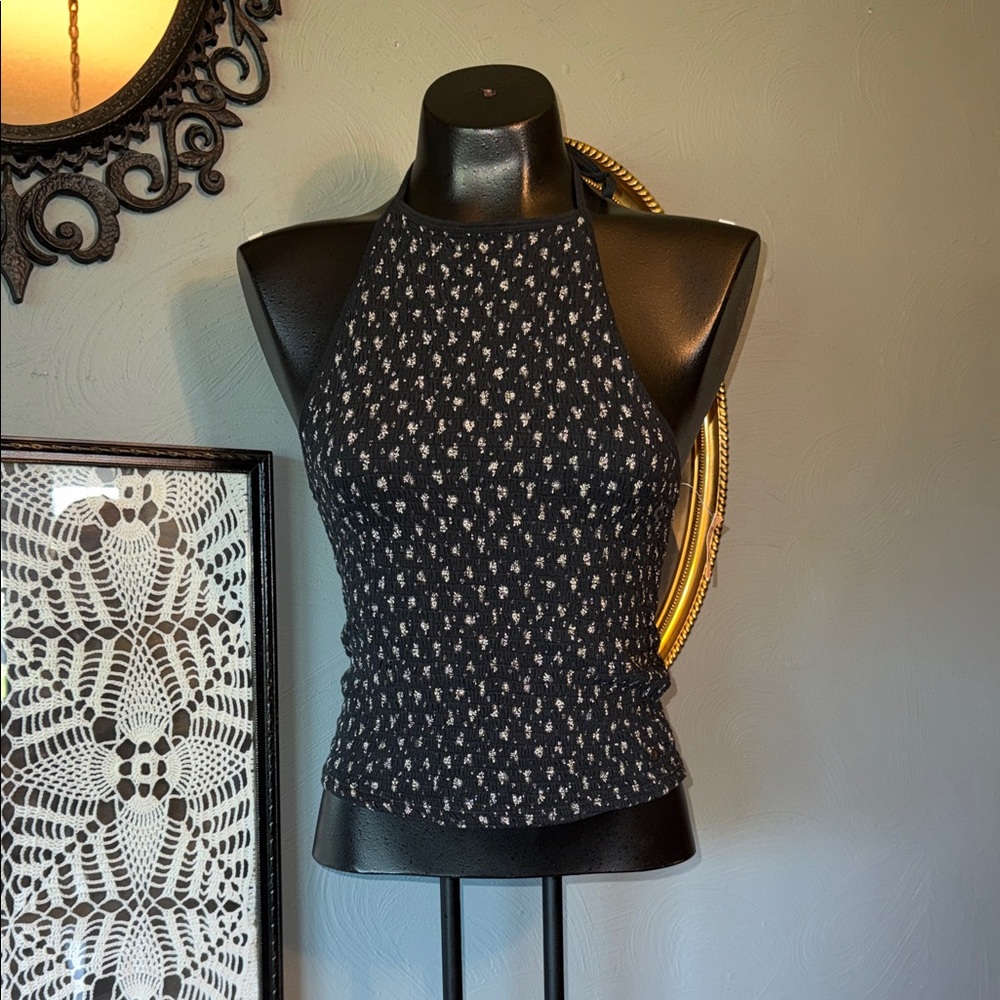 American Eagle Outfitters Black Halter Floral Knit Tank